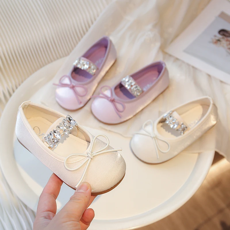 Girl Princess Shoes Purple Beige Crystal Elegant Spring Ballet Flats Bowtie Elastic Band Round Toe 23-34