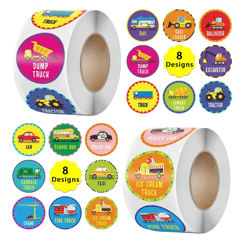

New 8 Designs Pattern Cartoon Transportation Car Bus Truck Sticker Kids Reward Labels 500pcs for Children Class Party Toys Gifts