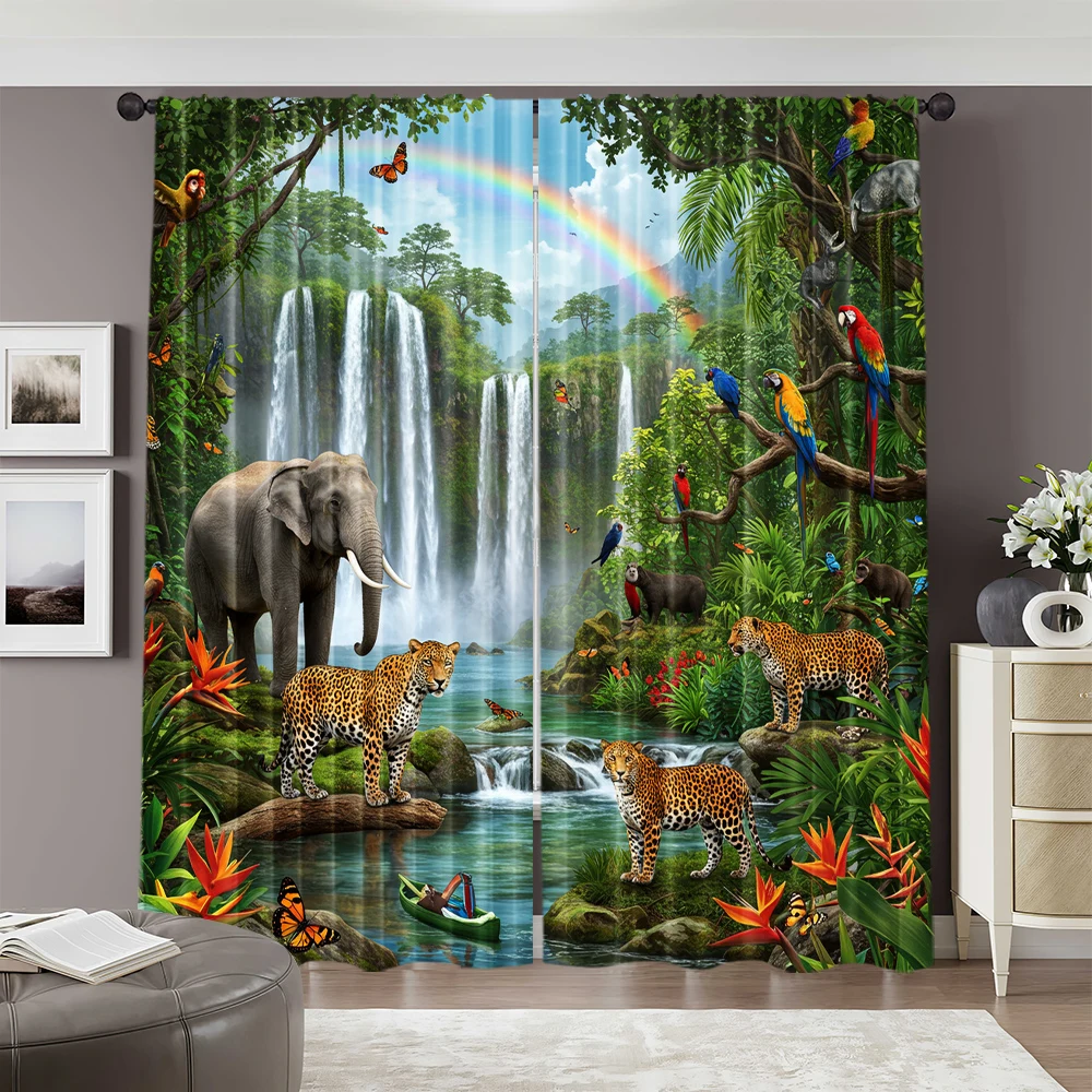 2pcs, spring summer Curtains Rainforest Adventure Wind Semi-Sheer Curtains Polyester Woven Decorations Outdoor for Bedroom, 2