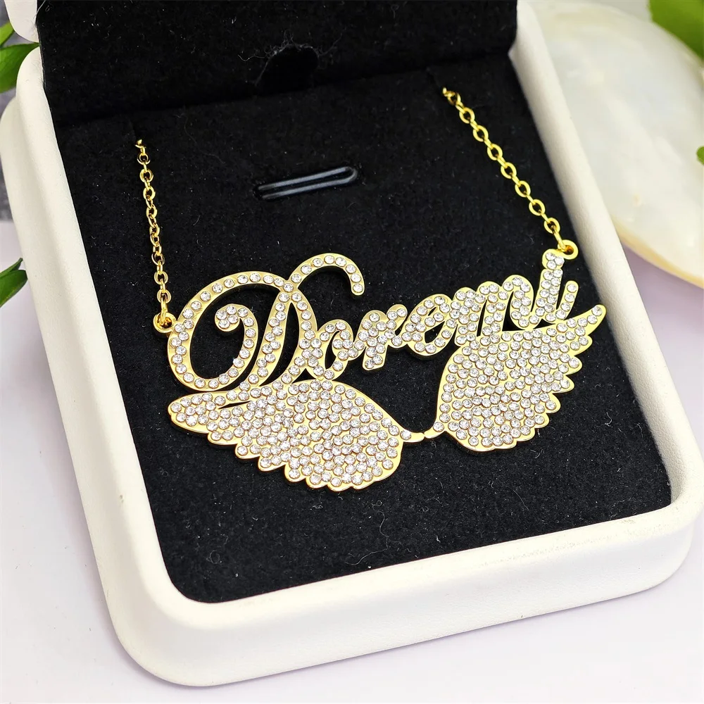 2023 Personalized Stainless Steel Zircon Name Necklace Custom Angel Wing Letter Necklace For Women Jewelry Gifts