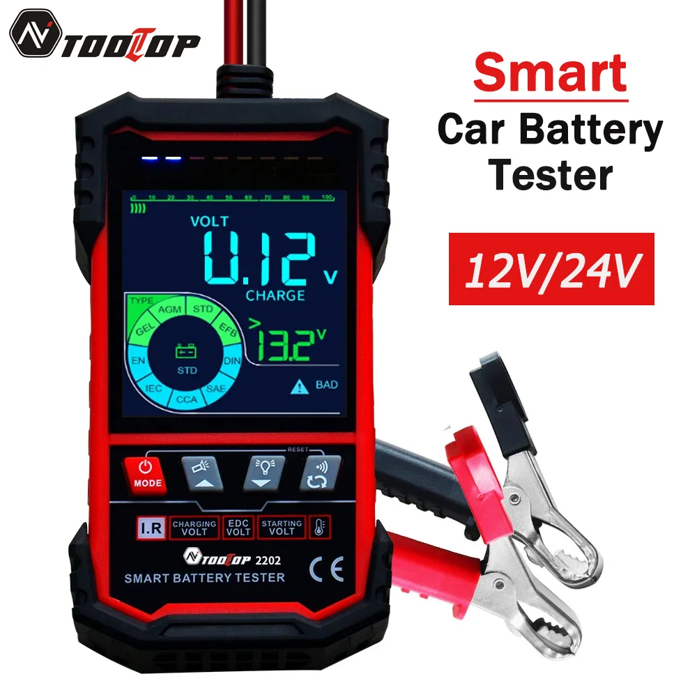TOOLTOP-probador de batería de coche de 12V y 24V, medida de resistencia interna, pantalla de temperatura de voltaje de batería, detección de batería de plomo y ácido de 3,2 pulgadas