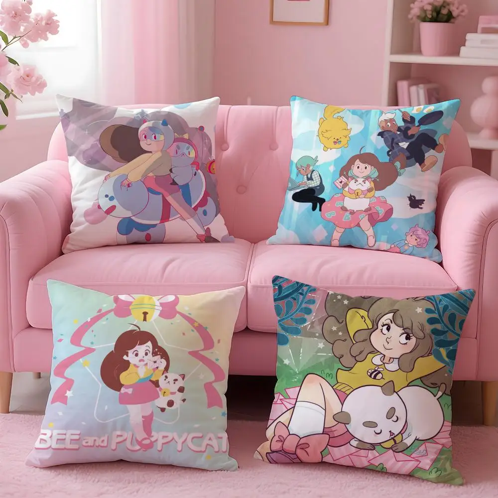 B-Bee 및 P-Puppycat 쿠션 커버 짧은 플러시 양면 인쇄 홈 머신 워셔블 따뜻한 겨울 베개 케이스