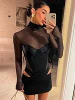 Fashion Pullover Sexy Women Mesh Turtleneck Long Sleeve Satin Cut Out Dress Bodycon Short Club Evening Fashion Party Dress 2024 2