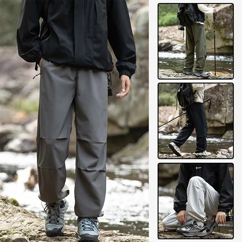 Men Hiking Pants Waterproof Zippered Pocket Loose Straight Cargo Trousers Outdoor Camping Sport Fishing Tactics Trousers