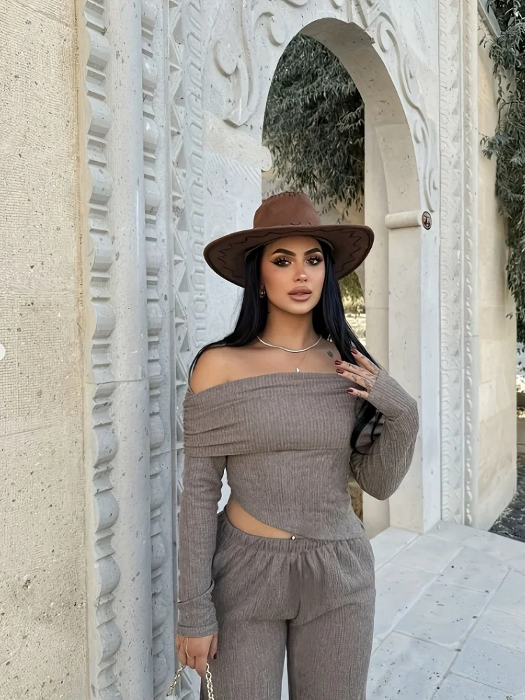 Wmstar Autumn Women Two Piece Light Brown Sexy One Shoulder Irregular Long Sleeved Shirt Casual Wool Suit Wholesale Dropshipping