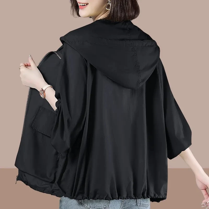 

2023 Summer New Women's Jacket Windbreaker Female Long Sleeve Jackets Hooded Casual Basic Coat Loose Outerwear 4XL Ioqrcjv