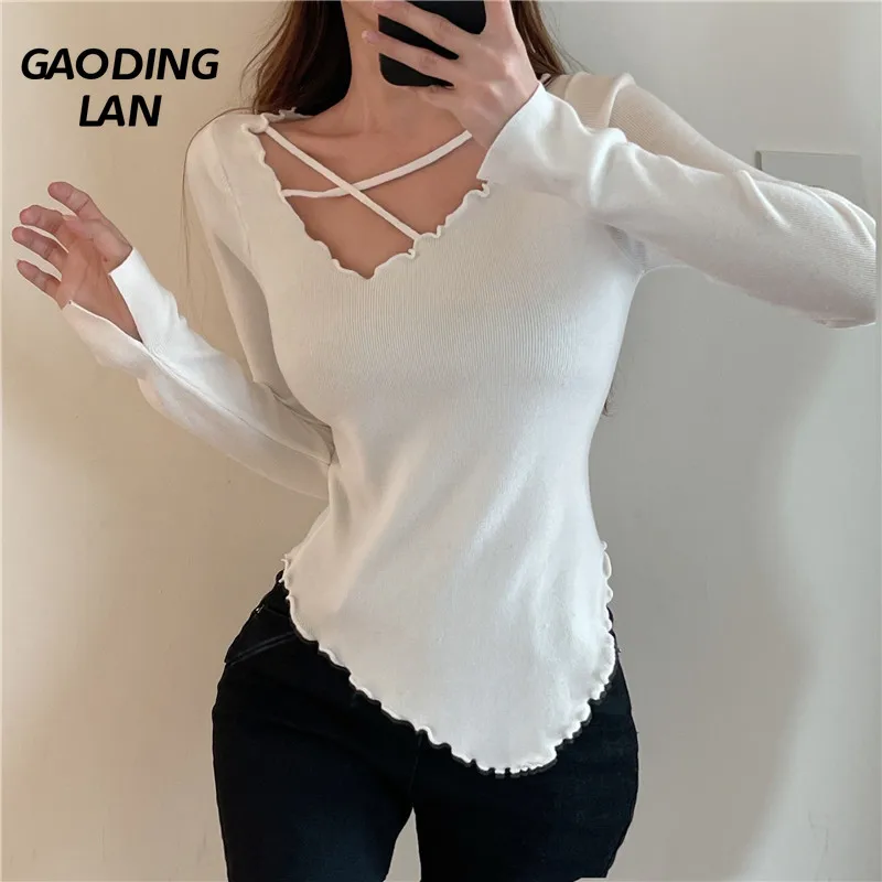 

Autumn Winter Core Spun Yarn Women Long Sleeve T-shirts Irregular Off Shoulder Sexy Tops Female Slim Fit Waist Bottom Knit Tees