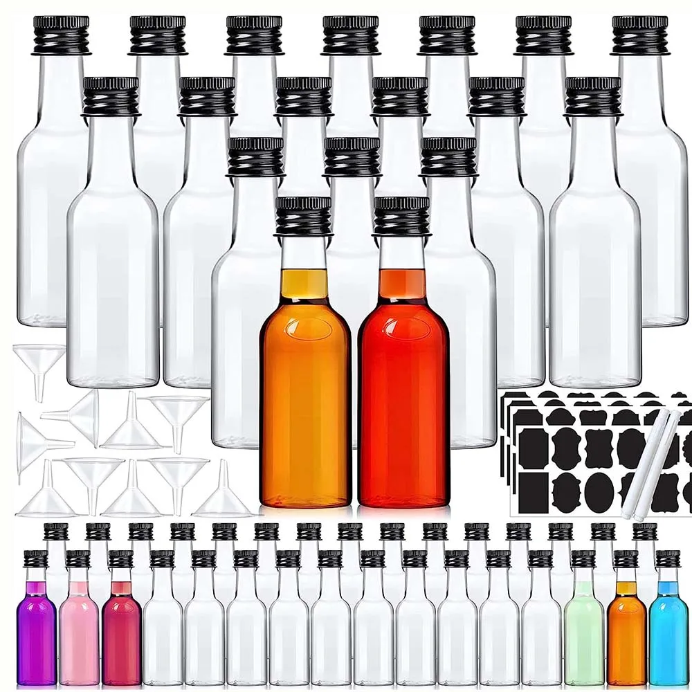 Belle Vous Mini Liquor Bottles (24 Pack) - Reusable Plastic 50ml (1.7 fl oz) Empty Spirit Bottle with Black Screw Cap, Liquid Funnel for Easy