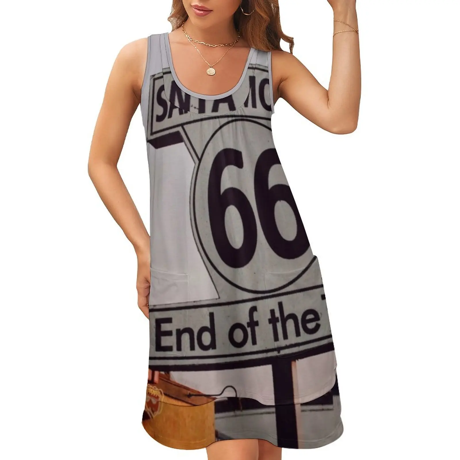 

Santa Monica Route 66 California Sleeveless U-Neck Fake Two Piece Dress summer clothes fairy dress women's summer jumpsuit