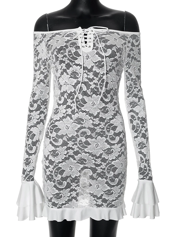 Fantoye Sexy See Through Lace Women Dress White Off Shoulder Flare Sleeve Dress Female Spring Slim Elegant Party Streetwear 2025