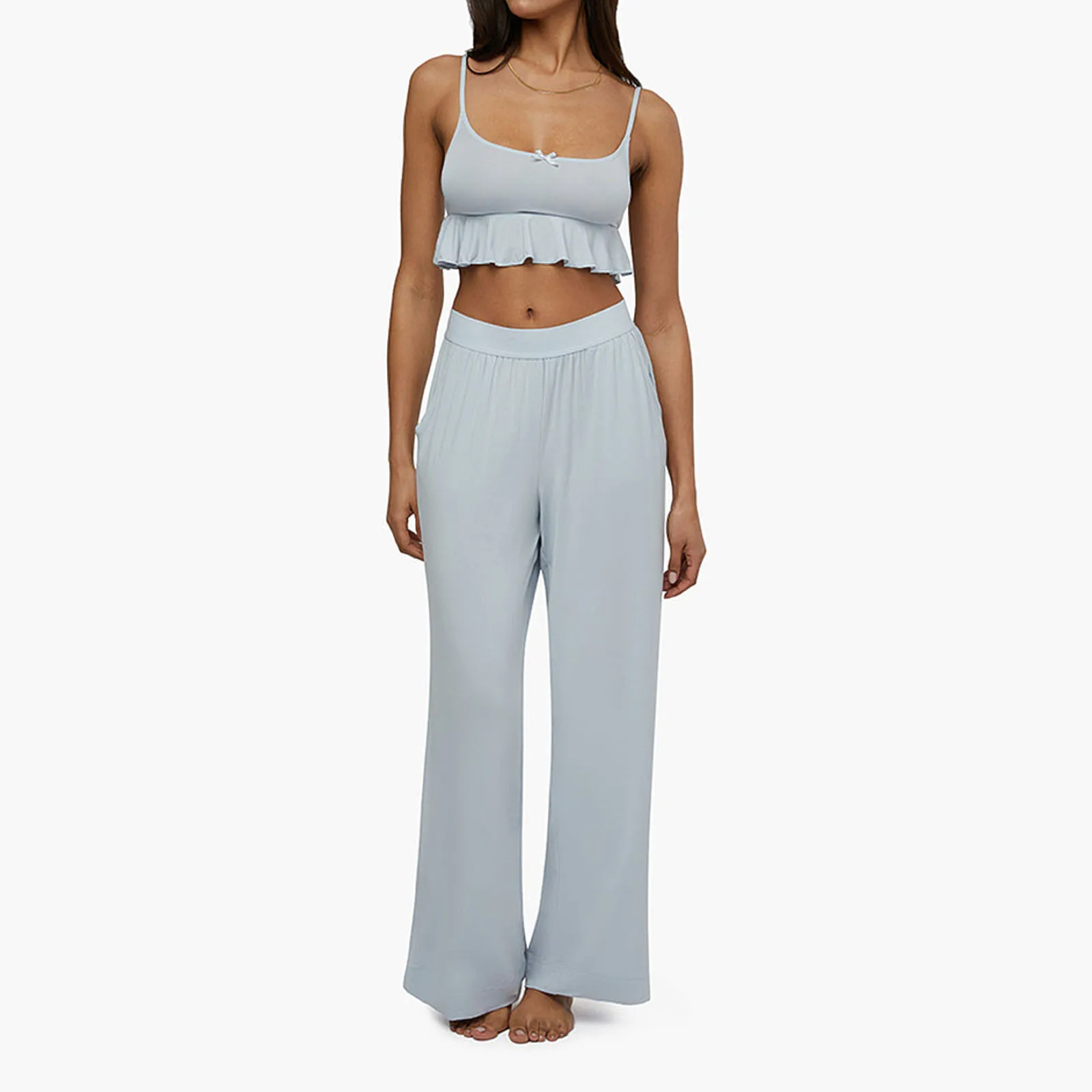 Gaono Womens 2 Piece Sleeveless Lounge Set Spaghetti Strap Crop Tank Wide Leg Pants Pj Set Y2k Relaxed Plaid Sleepwear