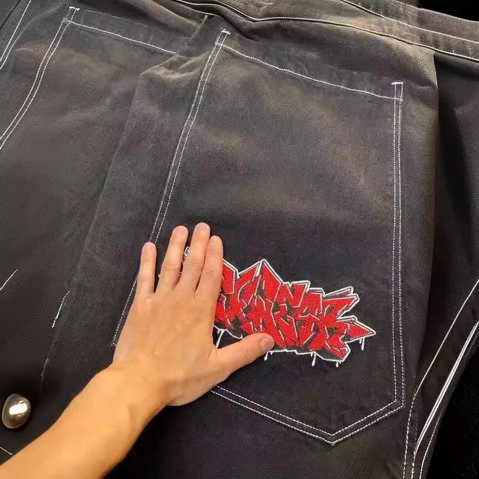 Vintage Clothing Multi-pocket Letter Jeans Y2k Hip Hop Pant Sets Black High Waisted Wide Leg Pants Cargo Streetwear Sweatpants 4
