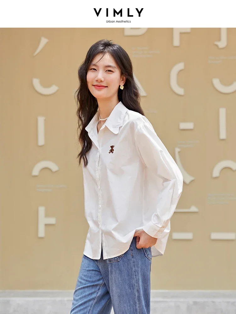 

Vimly 100% Cotton Long Sleeve White Shirts Women Tops 2023 Autumn Casual Loose Simple Lapel Straight Button Down Shirts V8568