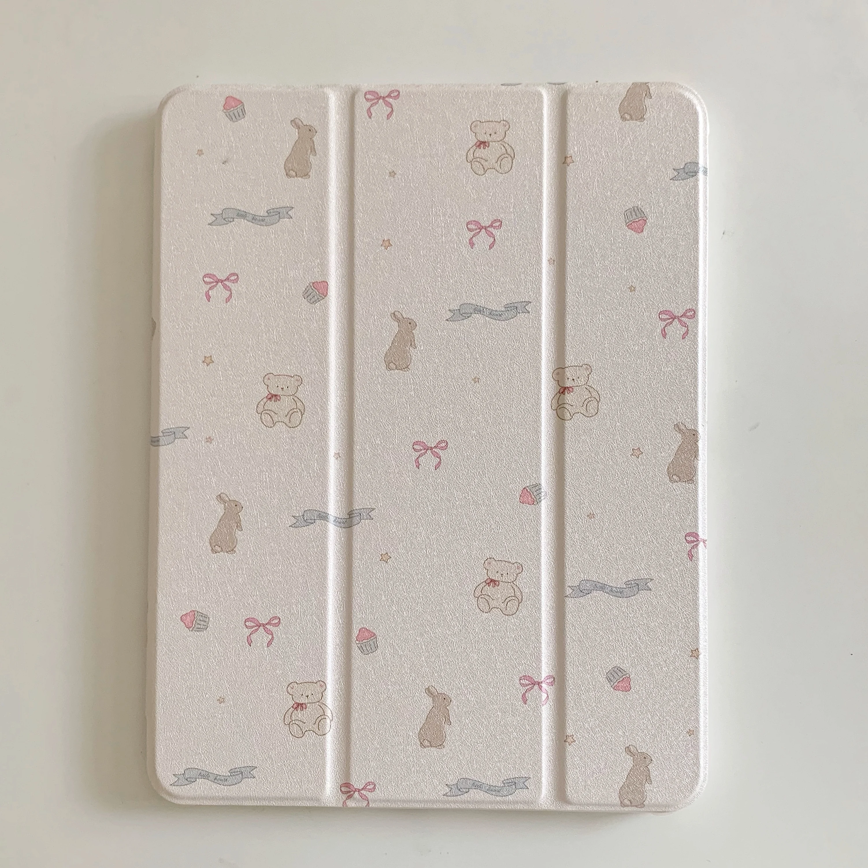 Cute Bear & Rabbit Cartoon Leather Trifold Stand Case