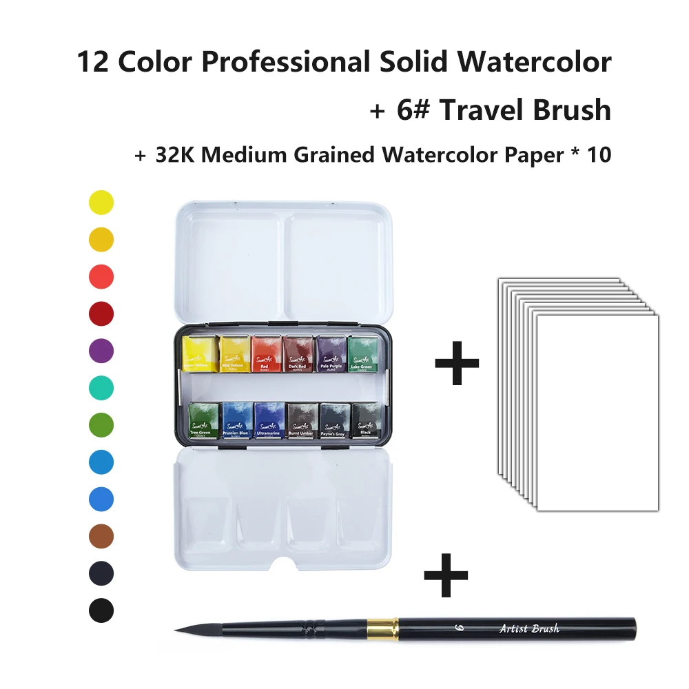 SeamiArt 12Color Artist Grade Professional Watercolors Paint Set with 1pc Portable Metal Box for Drawing Watercolor Art Supplies