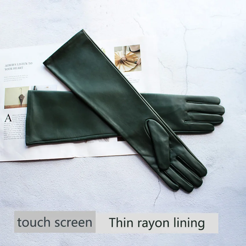Women's Touch Screen Long Leather Gloves Thin Colored Sheepskin Fashion Stage Wear Autumn Silk Lining Sleeves