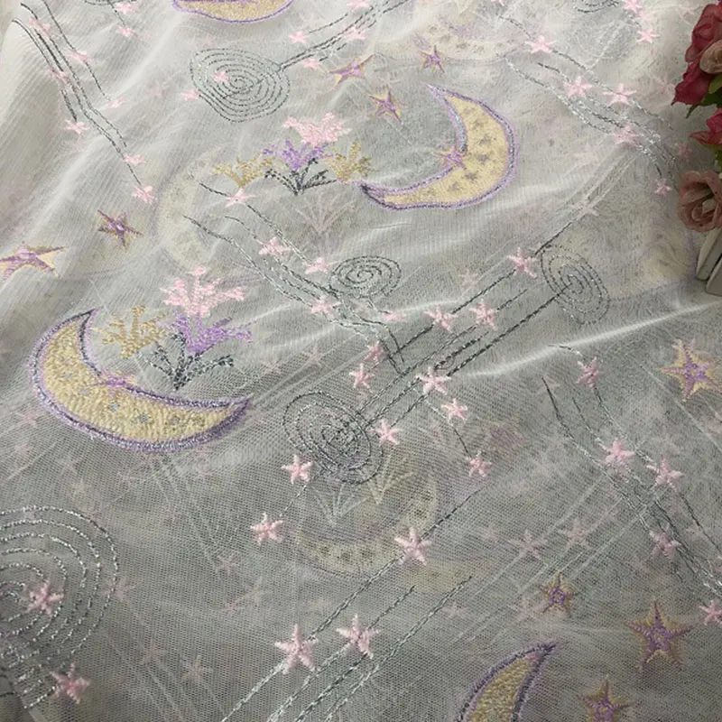 1 Yard Mond Sterne bestickter Netzstoff für DIY Hochzeitskleid Kinderbekleidung Nähen Stern Mond Gras Stickerei Spitzenstoff – Detail 4