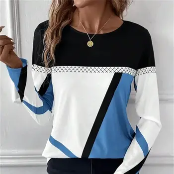 Women's T shirt 3D Print Color Block Geo Print Tee Long Sleeve Daily Weekend Fashion Funny Round Neck Regular Fit Spring & Fall