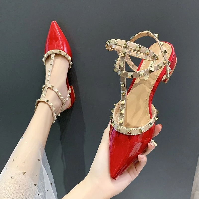 Fashion Shoes for Women Slingbacks Buckle Female Sandals Spring Pointed Toe Rivet Shallow Sexy Dress Party Low Heels Shoes