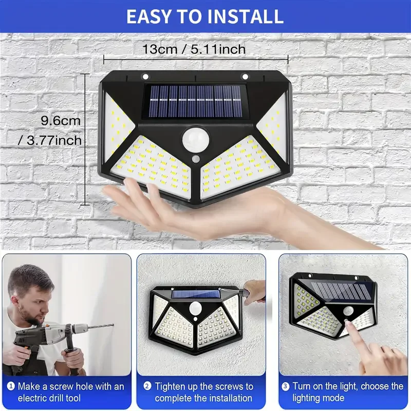 1~12PCS 100 LED Solar Wall Lamp 4 Sides Luminous With Motion Sensor Outdoor Garden Courtyard Waterproof Wall Light 5