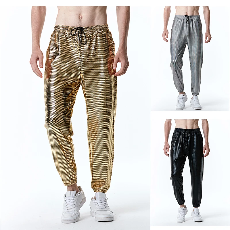 Idopy Men`s Party Metallic Shiny Night Club Stage Performance Drawstring Pants Halloween Disco Party Trousers