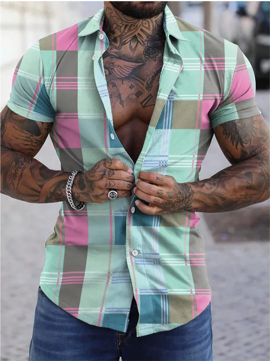 Color block plaid/plaid colorful casual men's shirt for daily wear, weekend outing, summer lapel short-sleeved 5XL fast shipping 4