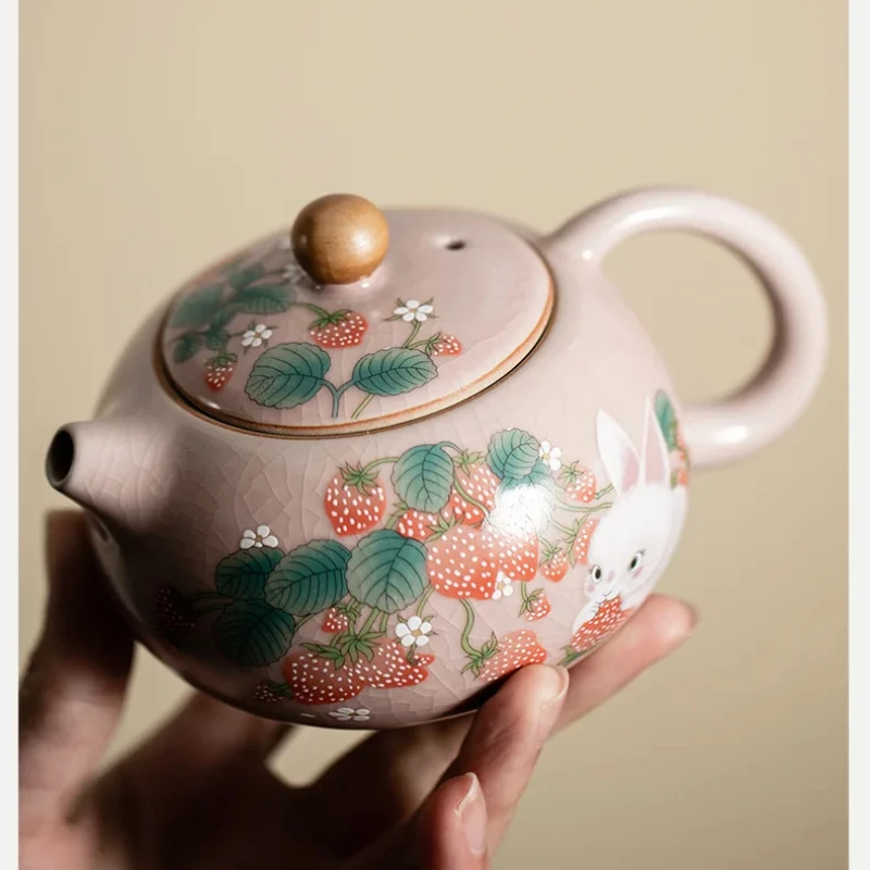 Antique Pink Ru Kiln Teacup Strawberry Rabbit 1 Pot 2 Cups Chinese Tea Making Xishi Kettle Teapot and Tea Cup Set Kung Fu Teaset