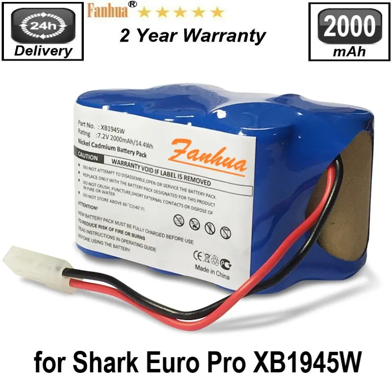 Ni-MH 7.2V 2000mAh Battery for Shark Euro Pro Vacuum Cordless Sweeper Model XB1945W, XB1946W, XB1946, V1945Z, V1945