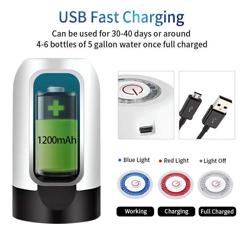 HiPiCok 물병 펌프 19 리터 워터 디스펜서 USB 충전 범용 버킷 캡이있는 자동 휴대용 전기 워터 펌프