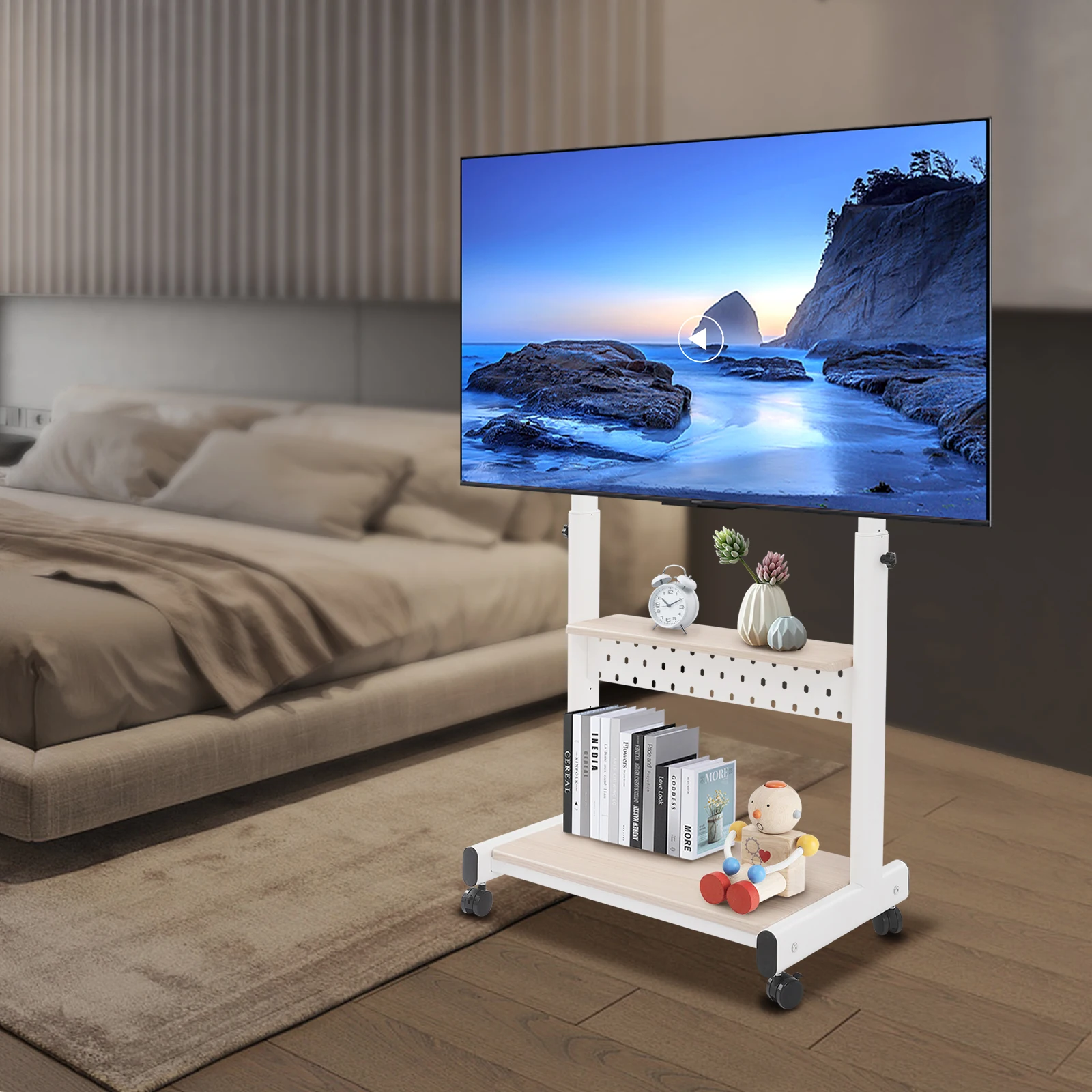 White/Black TV Stand with 4 Wheels Freestanding Adjustable Height High-temperature Baking