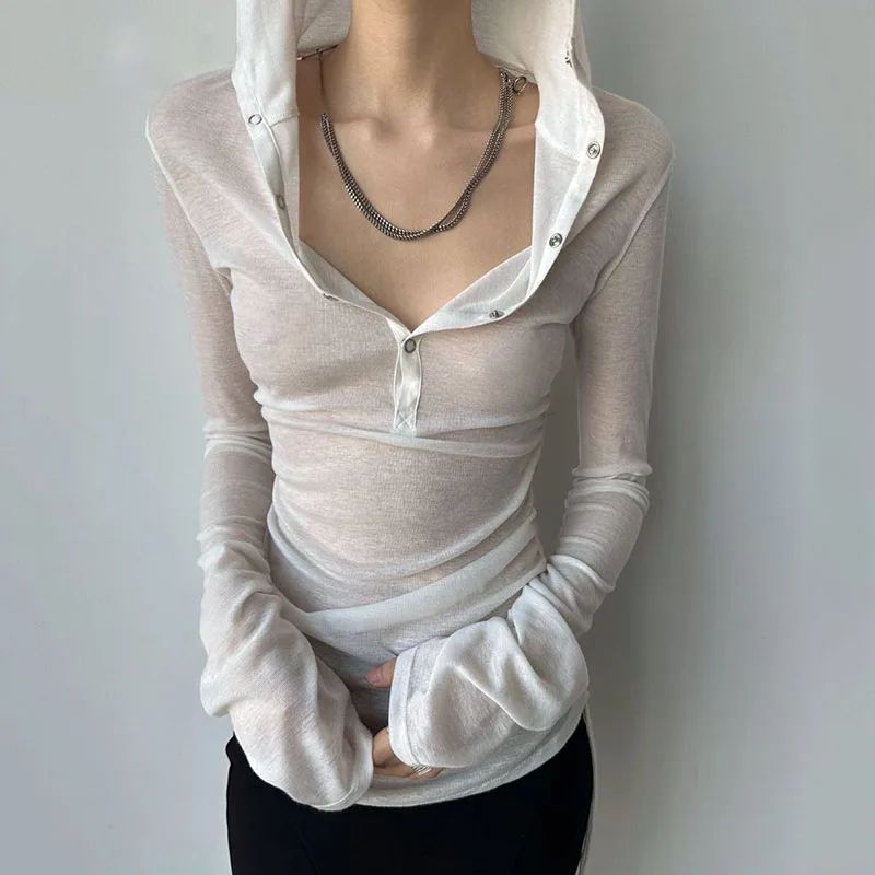 Sommerliches, dünnes Damen-Langarmshirt, Streetwear Y2K, sexy, durchsichtig, mit Kapuze, Kordelzug, schmal geschnitten, Sonnenschutz, weiße T-Shirts
