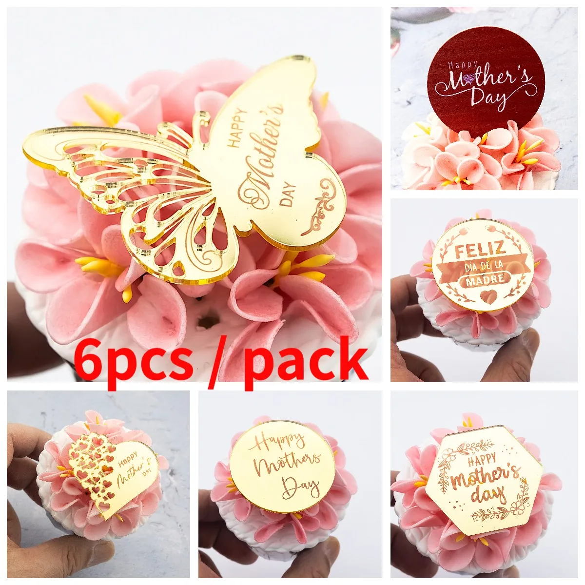 

6 шт. акриловые топперы для торта в виде бабочек на день матери, топперы для кексов, украшения для торта