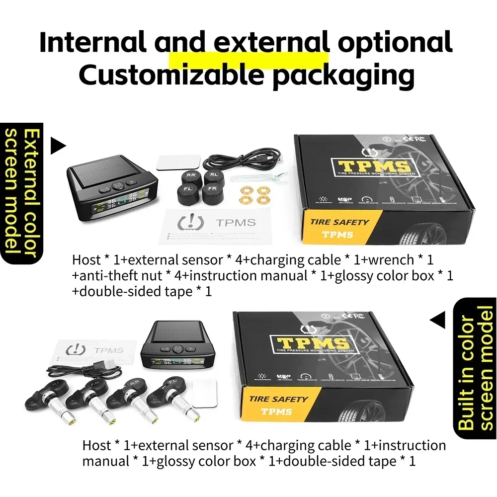TPMS Tire Pressure Monitoring System Car Safety Alarm System Wireless Solar&USB Powered 4 Sensors with Color Digital Display car tire pressure monitor