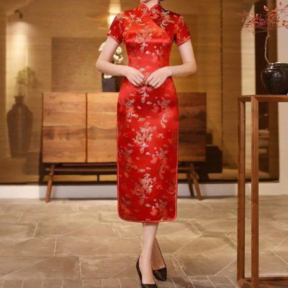 

Retro Cheongsam Dress Elegant Chinese Style Women's Cheongsam Classic Long Slit Dress for Weddings Parties Evening Events Women