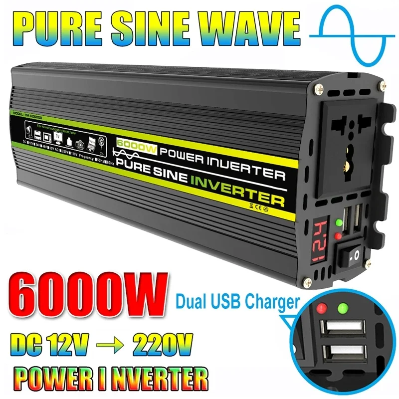6000W DC12/24V to AC 220V Pure Sine Wave อินเวอร์เตอร์แรงดันไฟฟ้า Transformer Converter ดิจิตอลจอแสดงผลรถบ้านกลางแจ้ง 50/60Hz 1