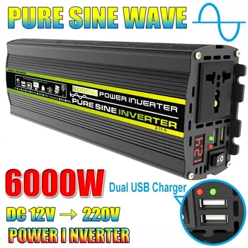 6000W DC12/24V to AC 220V Pure Sine Wave อินเวอร์เตอร์แรงดันไฟฟ้า Transformer Converter ดิจิตอลจอแสดงผลรถบ้านกลางแจ้ง 50/60Hz 1