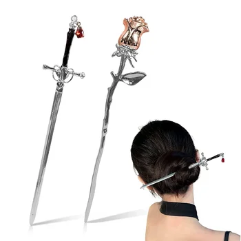 중국 스타일 펑크 금속 칼 머리핀 간단한 장미 꽃 헤어 스틱, 여성용 헤어 클립 DIY 헤어 스타일 디자인 도구 액세서리