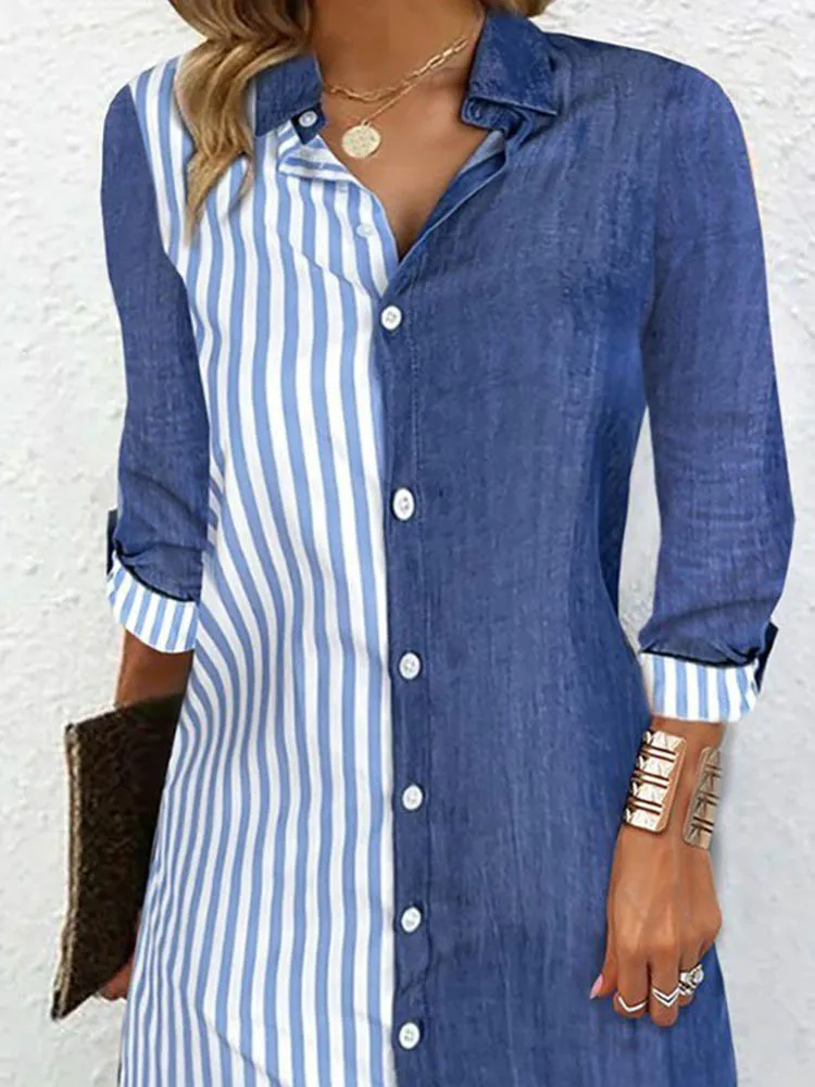 

Striped Colorblock Shirt Dress Women 2024 Spring Fashion Buttoned Turn-Down Collar Long Sleeve Mini Casual Dresses Vestidos