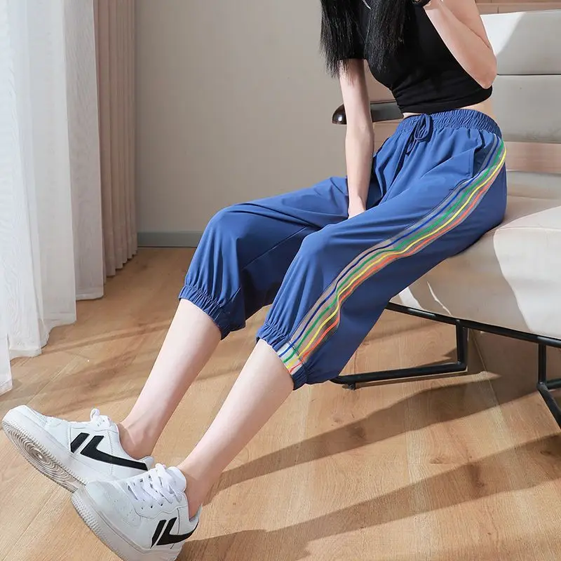 Women's Summer Thin Ice Silk Quick Drying Sports Capris Colored Striped Pants High Waist Loose Casual Leggings Harlan Pants