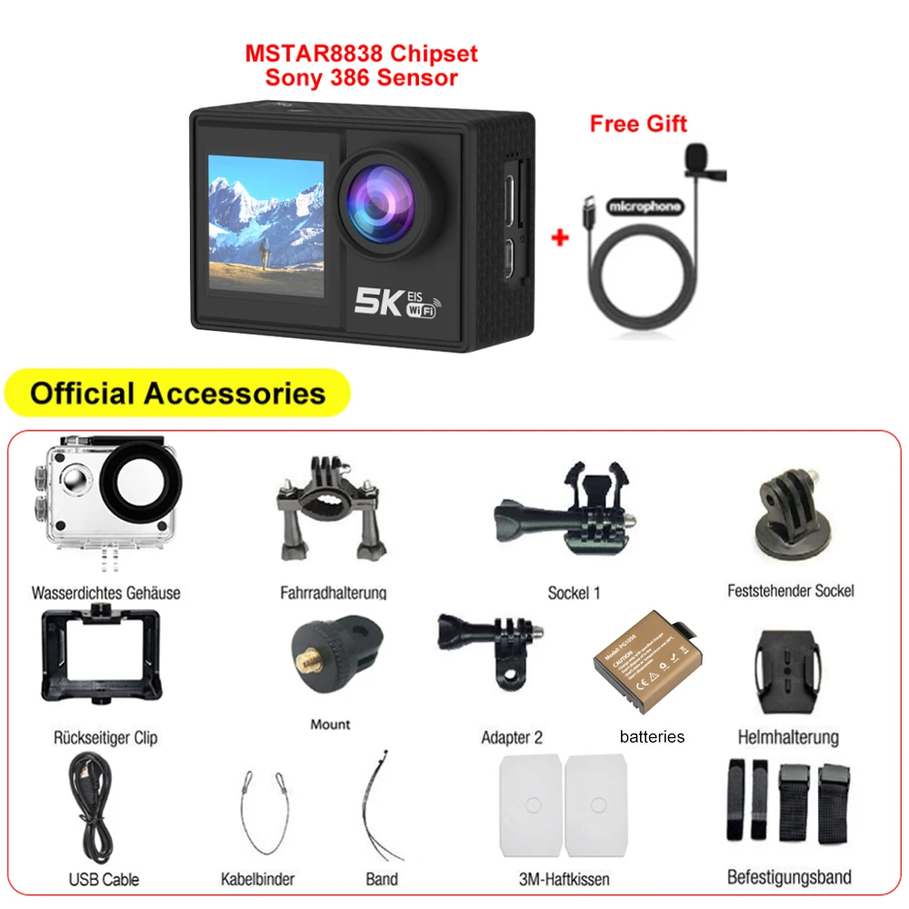 thumbnail image 1 of Cámara de acción 5K 4K60FPS Pantalla táctil IPS de 2" 170 ° EIS WiFi DVR Cámara de acción 5X Zoom 30M Cámara deportiva para casco de motocicleta impermeable, 1 of 4