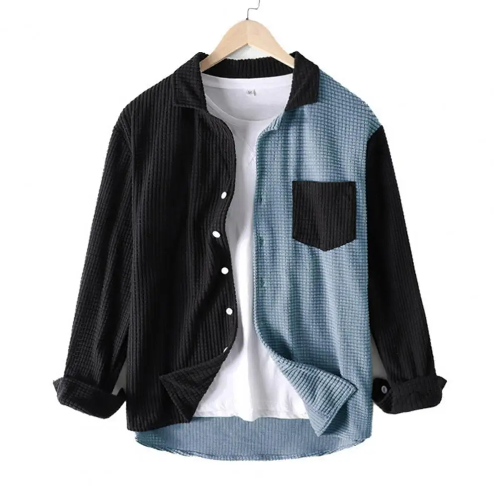 

Men's Casual Shirt Coat Lapel Long Sleeve Pocket Patchwork Color Single Breasted Waffle Texture Spring Autumn Fashion for Him