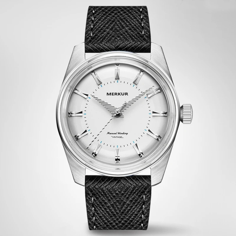 38Mm Merkur Rubis Retro Grande Secondo Abito Da Uomo Meccanico A Carica Manuale Orologio Da Uomo 50M Orologi In Pelle Impermeabile