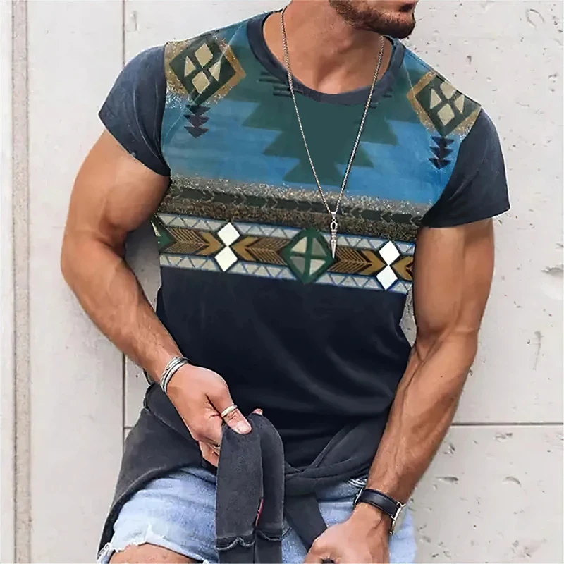 

African Tradition Stripe Print Men's T-Shirt Vintage Totem Tshirts For Men Summer Daily Casual Short Sleeve Tops 3D Print Tees
