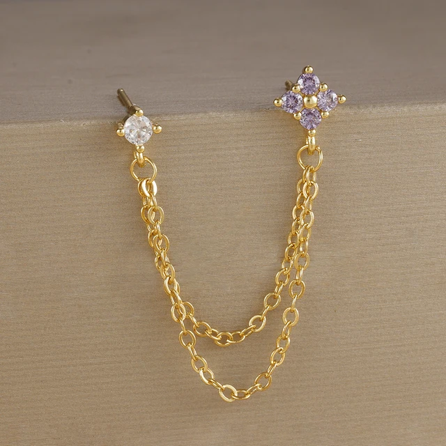 87253-c7adf5.jpg Boucles d'oreilles carrées suspendues en acier inoxydable, 2 pièces, pierre d'anniversaire de décembre, chaîne en zircone cubique, fleur, bijoux de perçage