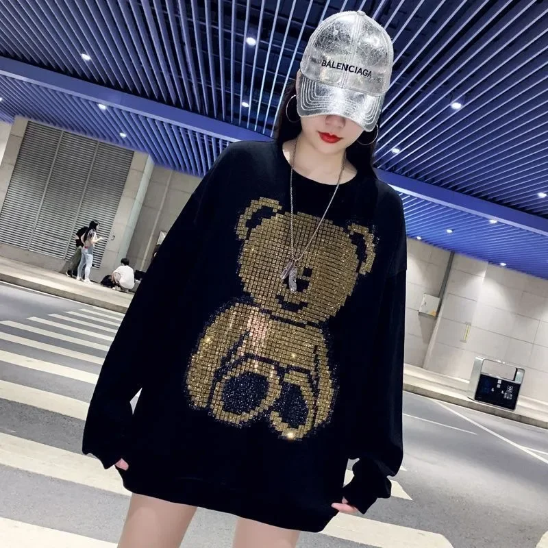 

2024 spring autumn Coat Diamond teddy bear women's pure cotton hoodie loose mid length top Pullovers