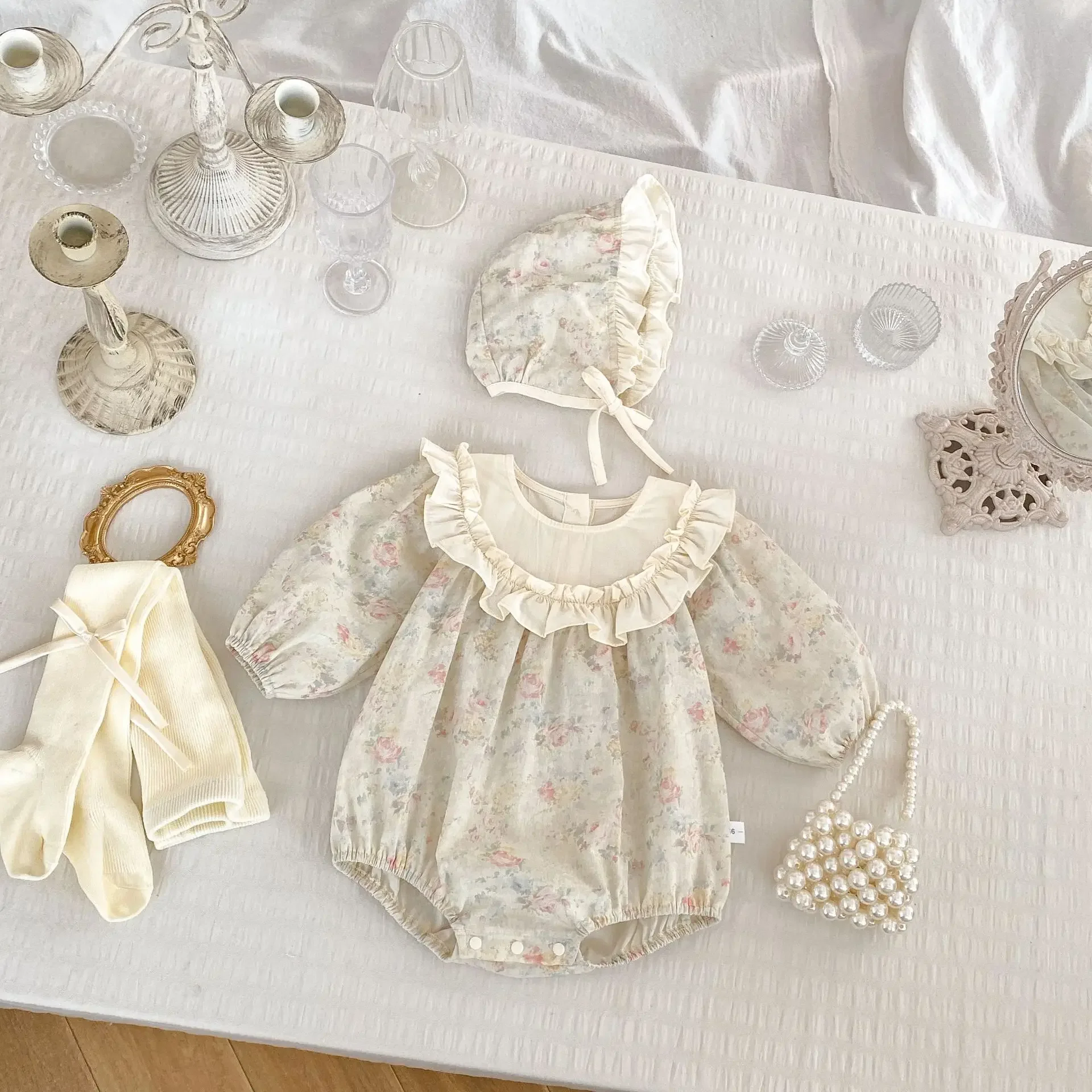 5372-1 Newborn Clothes Spring New Retro Floral Baby Girl's Bag Fart Clothes Big Lace Climbing Hat Baby Clothing