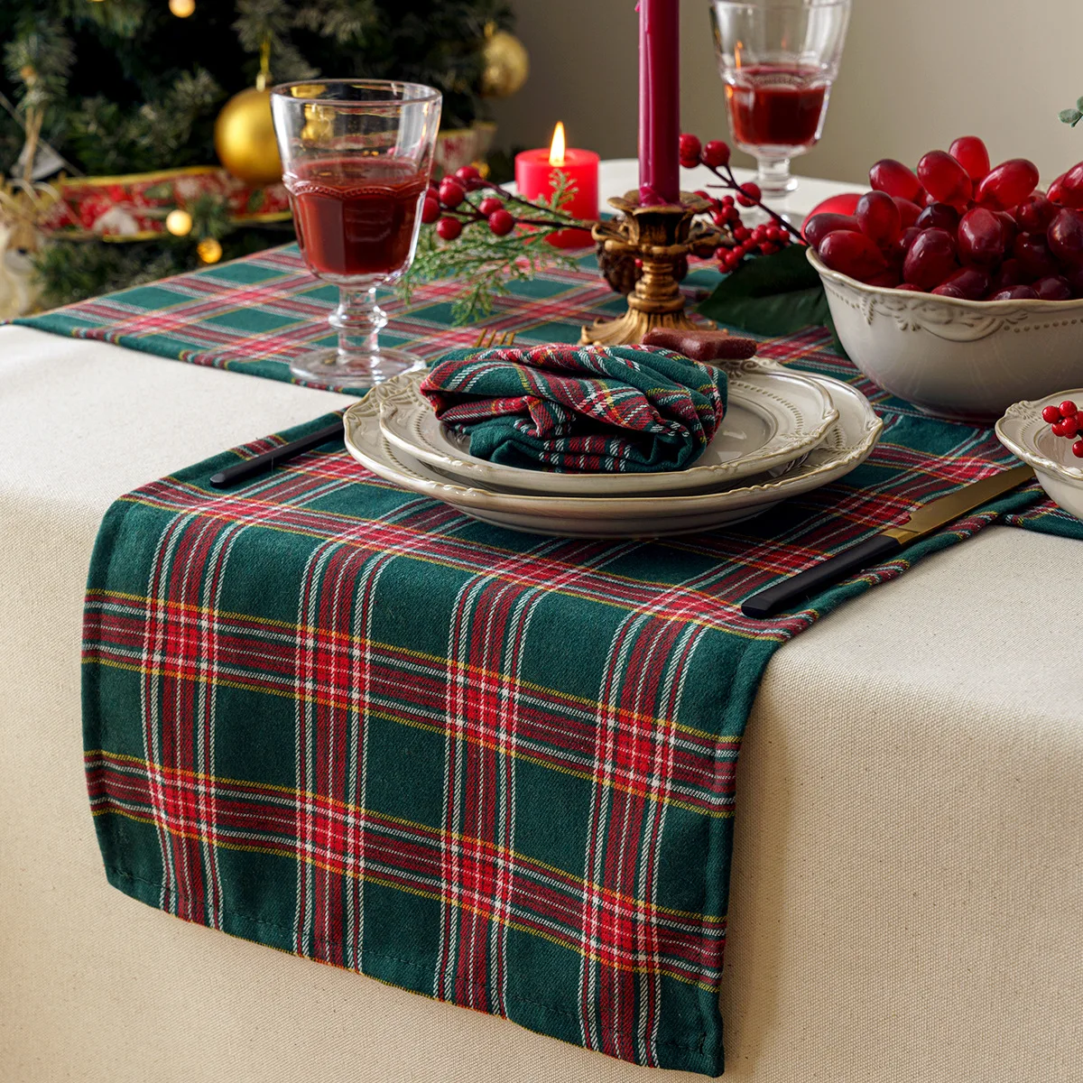 Red Plaid Christmas Table Napkins Green Cotton Cloth Table Napkins