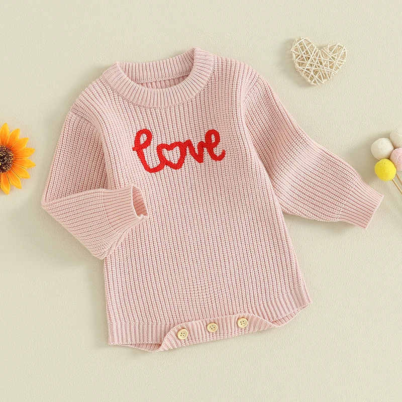 

Newborn Baby Boy Girl Valentines Day Outfit Love Embroidery Sweater Romper Knit Long Sleeve Pullover Bodysuit Tops