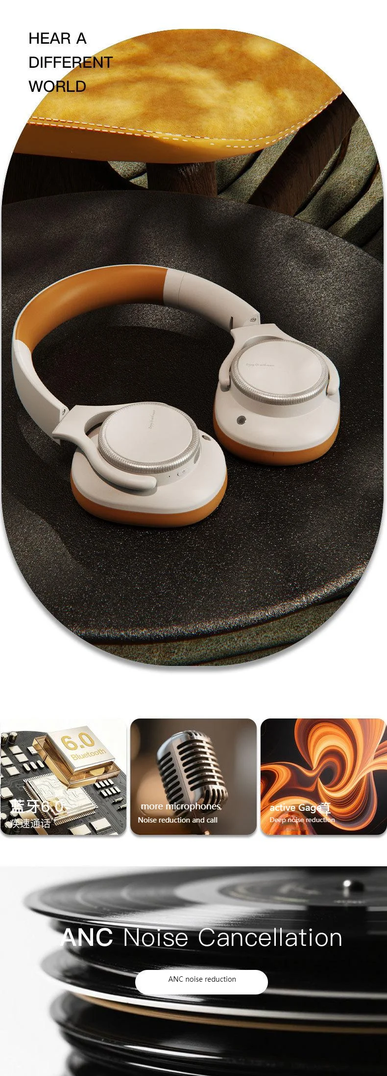 Rotary Volume Knob ANC Active Noise Cancelling Over-Ear Wireless Bluetooth6.0 Headphones Head Mounted Foldable Headset With Mic