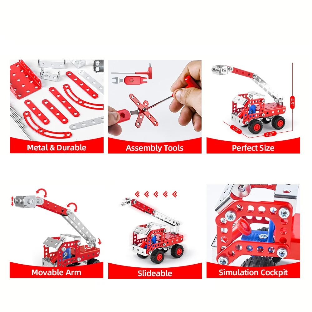 Metal Assembly Building Block Fire Truck Model Crane Excavator Bulldozer Engineering Vehicle Set DIY Screw Nut Alloy Toy for Boy assemble toy building block toy